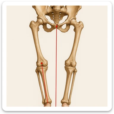 Hyperrealistic anatomical illustration 4K, rear view, 1:1 proportion, varus knee (bow-legged) seen from the front, pelvis bones, femur, tibia, and fibula clearly highlighted, red mechanical axis line, realistic details, medical style, neutral background. sticker