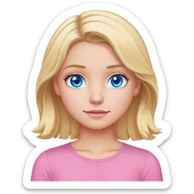 Blonde girl, middle part, slightly wavy, pink top on, blue eyes sticker