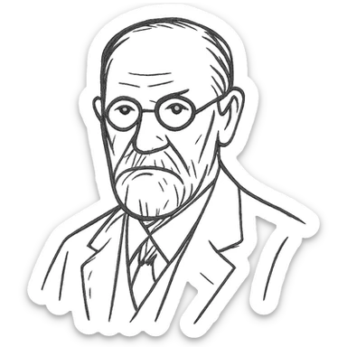 a hand drawn black outline portrait of Sigmund Freud with similar-sized eyes based a famous portrait of him sticker
