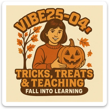 Create a logo that encompasses a retro 80's feel, nostalgic, ALSO RETRO.  Add the words "VIBE25-04: Tricks, Treats & Teaching: Fall Into Learning" sticker