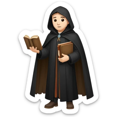 A wandering philosopher in a long black cloak with a book full height sticker