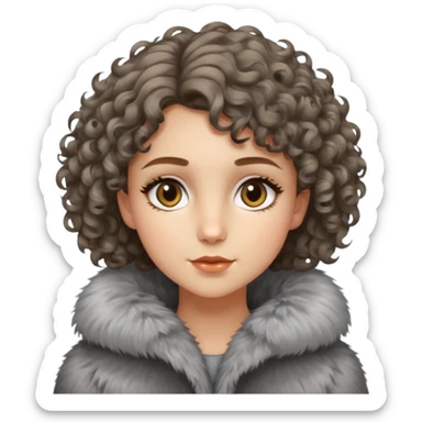 Caucasian girl with short curly hair and hazel eyes in 
gray fur-coat  sticker