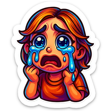 Create a cartoon sticker with a crying expression in the style of Flux Pro, with a transparent background. The style should reflect the vibrant and detailed characteristics of Flux Pro style. sticker