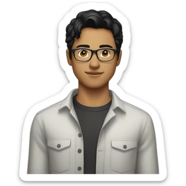 A young man wearing a shirt, black hair and glasses sticker