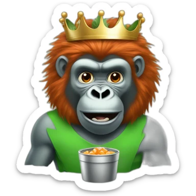 Red hair green skin silver back gorilla with a crown on eating a carrot sticker