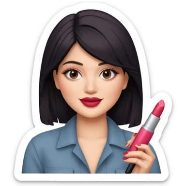 Kylie Jenner smiling, holding a lipstick, trendy hairstyle sticker