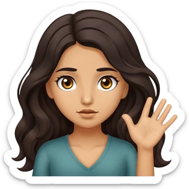 Girl shrugging shoulders with olive skin, brown eyes with long eyelashes and dark wavy long hair sticker