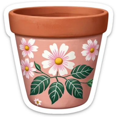 plant pot in terra cota with white and pink flowers print painted on the pot  sticker