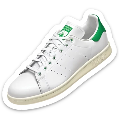 White Adidas Stan Smith shoe with green accents, iconic tennis sneaker, clean design, white with green heel tab, front angle view sticker
