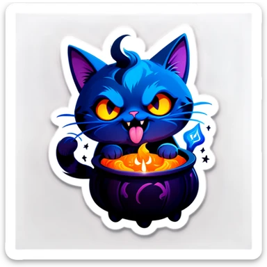 A chubby, dark blue cartoon cat with a cute and magical appearance, inspired by the ‘Skull Cat’ sticker pack. The cat has big round eyes, a small skull-like marking on its chest, and an overall playful yet slightly spooky vibe. It is laughing uncontrollably, rolling on the floor with its paws up, or holding its belly with a wide-open mouth and tiny fangs showing. The cat’s fur has subtle magical details, and a few floating sparkles or mystical symbols add to its enchanted look. The background is dark but whimsical, featuring soft purple and blue hues, playful Halloween elements like floating candles, a bubbling cauldron, and cobwebs. The art style is rounded, vibrant, and fun, perfectly matching a spooky yet adorable sticker design.” sticker