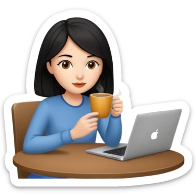 laptop and coffee are on the table. coffee is not on the laptop. the girl with medium-length black hair is drinking coffee. sticker