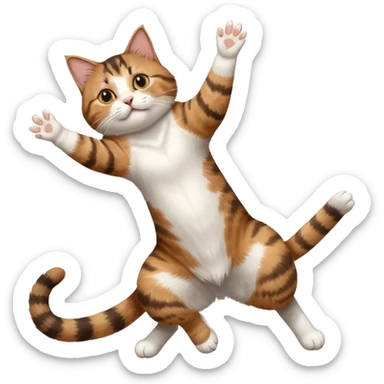 brown tabby and white cat with doing a big extremely long stretch reaching up into the air with arms and legs side by side together straight and overextended whilst lying on its side sticker