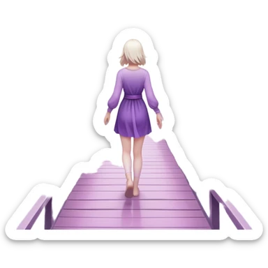 A small figure walks back across a foggy bridge, holding soft pink and purple orbs in each hand—symbolizing compassion and forgiveness. A gentle heart aura trails behind them, showing healing in motion. sticker