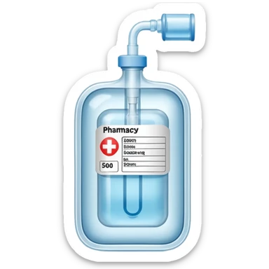 Hospital Intravenous fluid bag that has 1 port on the left side, 1 port on the right side, and is filled with 500ml, pharmacy label sticker