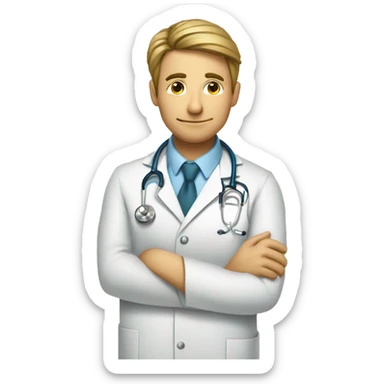 a doctor wearing stethoscope reading a report sticker