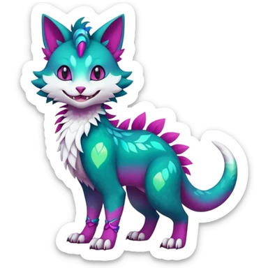 Kawaii cute colorful iridescent deep-dark-turquoise-green and magenta and white beautiful pretty elegant divine edgy feline-vernid-sergal-Fakémon-Pokémon-fursona-animal-creature with accessories, full body, with intricate detailed markings sticker