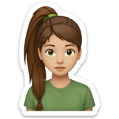 Make a zumba coach emoji, brown eyes, brown hair girl, green shirt withe "the roots" on it, longer pony tail hair sticker