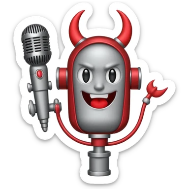 Minimalist emoji-style sticker of a classic retro microphone with small devil horns and a subtle tail wrapping the base. Grayscale with slight red accents.
 sticker