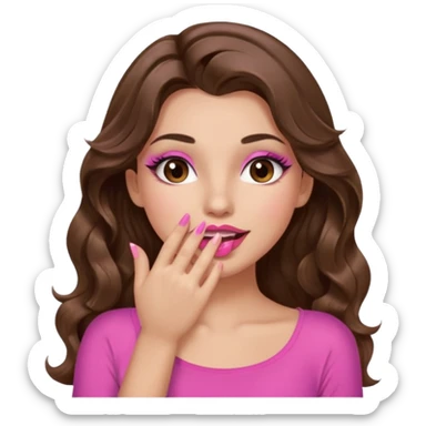 girl with long wavy brown hair, brown eyes, long lashes makeup, sexy pink lips, light to medium complexion, wearing a pink sexy top, sexy, giggling hand covering mouth sticker