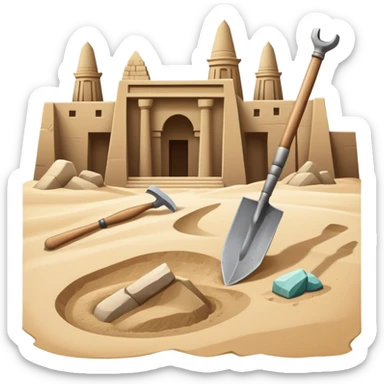 An icon showing archaeological tools—trowel, brush, and pickaxe—laid out on the sand, with the ancient Karnak temple ruins in the background. The design symbolizes exploration and discovery of ancient Egyptian history. Transparent background sticker