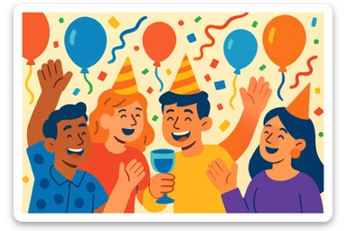 festive party scene with confetti and balloons, vibrant cartoon style sticker