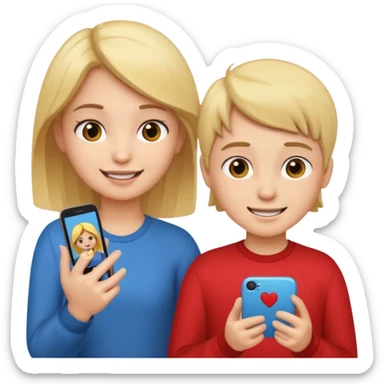 Make an emoji of a girl who is teaching a boy how to make emojis - girl is giving instructions and boy is on phone learning how to make emojis. sticker