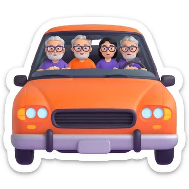 orange car front view with three people visible through windshield: driver with purple shirt and stubble, front passenger with gray hair and glasses, back passenger with black hair and glasses sticker