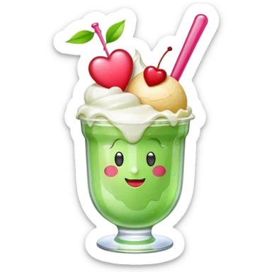 Create an emoji with a clear rounded glass, bright transparent green soda, vanilla ice cream scoop, two red cherries, pink heart-shaped straw, simple shapes, bright colors, glossy, kawaii style, centered, transparent background
 sticker