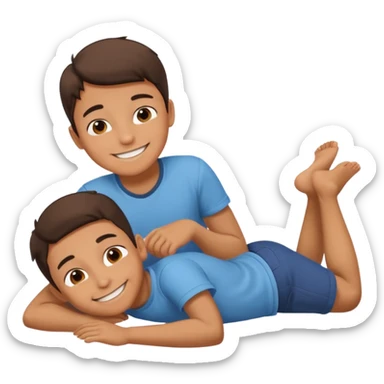 A boy lying down on the floor with love sticker