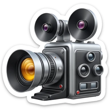 Minimal emoji icon of a huge cinematic metalic camera, front view, realistic lens, no gold sticker