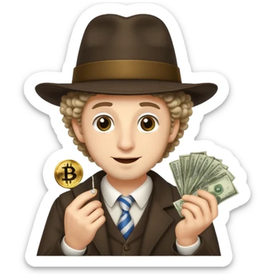 jew with Jewish hat and curls, being mischievous with money and bitcoin sticker