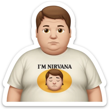 A obese man with brown hair and a nirvana shirt saying “im nolan” sticker