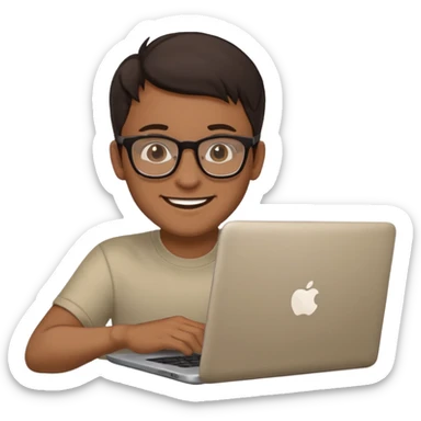 happy man on laptop with light brown skin color , with dark hair front of laptop sticker