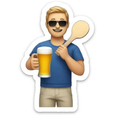 man holding Ping pong paddle and a beer sticker