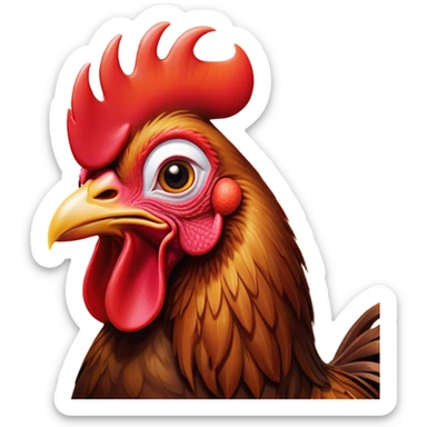 Cinematic Comical Brown Rooster Portrait Emoji, Head tilted dramatically with an exaggeratedly amused expression, featuring a striking, glossy brown plumage with a bold red comb, wide, expressive warm eyes filled with playful disbelief, Simplified yet hilariously expressive features, highly detailed, glowing with a slightly sassy glow, high shine, dramatic yet playful, stylized with an air of cheeky mischief, bright and endearing, soft glowing outline, capturing the essence of a spirited and over-the-top rooster, so meme-worthy it feels like it could crow its way into internet fame instantly! sticker