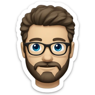 White man with blue eyes and dark brown hair, styled sideways backwards. He has a beard and mustache trimmed and wears a black t-shirt and vintage glasses. sticker