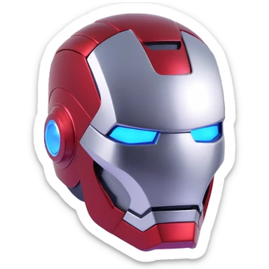 Iron Man helmet close-up, shiny metallic finish, glowing blue eyes, 3D style sticker