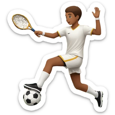 An icon showcasing a virtual sports game, featuring a player in action on the stadium or court. The design includes dynamic movement, like kicking a soccer ball or swinging a tennis racket, with a virtual scoreboard and crowd in the background. Transparent background sticker