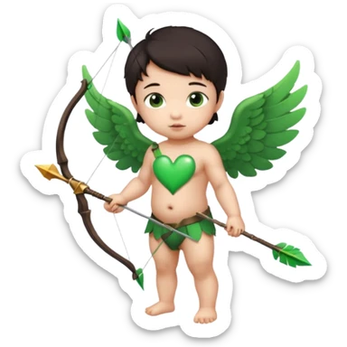 cupid asian baby flying full body with wings with brown eyes and dark hair handled bow and arrow green heart breaker and looking to heart sticker