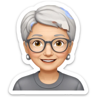 emoji of a lady in her 70s, short gray hair, wearing glasses, friendly smile sticker