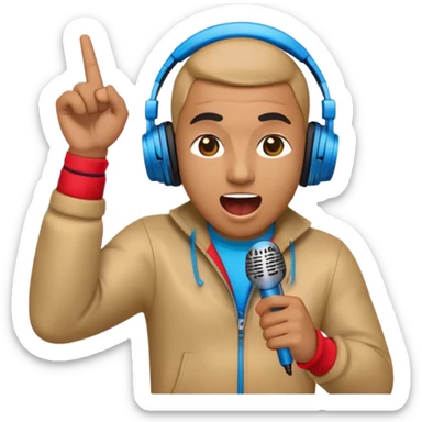 Create a dynamic and energetic emoji that represents beatboxing. The design should feature a microphone with soundwaves or rhythmic beats emanating from it, symbolizing the vocal percussion and rhythm of beatboxing. Add subtle elements like headphones or a beat pattern to reflect the technicality and creativity involved. Use bold, vibrant colors like neon blue, red, and yellow to convey the energy and street culture of beatboxing. The background should be transparent. sticker