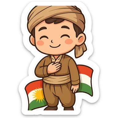 cartoon sticker of a Kurdish boy in traditional clothing, hand on chest (salute) pose, gentle smile, colorful and cheerful, no text, suitable for WhatsApp and Instagram sticker