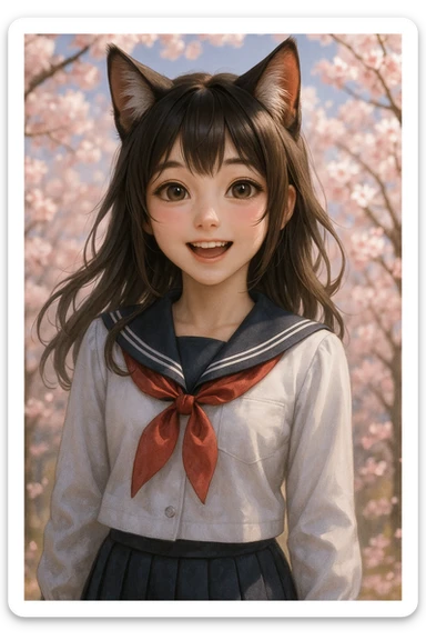 realistic anime catgirl in a school uniform, cherry blossom background, cheerful expression sticker