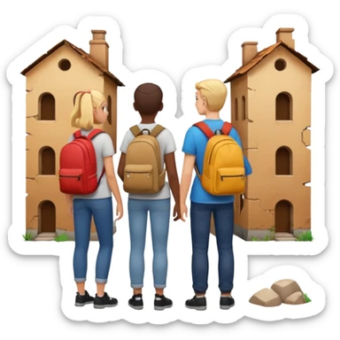 three friends from behind, exploring an abandoned place, Apple emoji style sticker