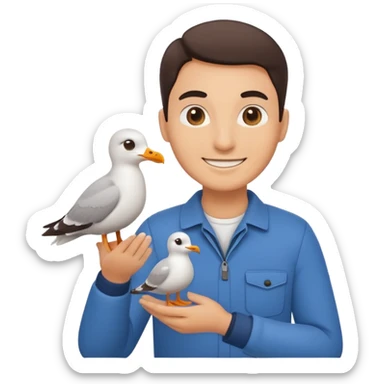 Minimalist emoji-style illustration of a smiling photographer holding a seagull in their hands. Simplified, clean lines, vibrant colors, small size, white background sticker