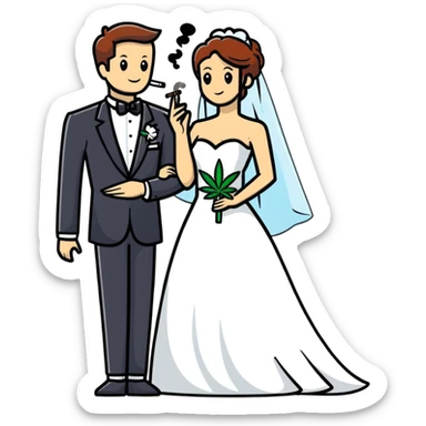 A bride in white wedding dress and groom in tuxedo, full body, smoking cannabis together, wedding couple sticker