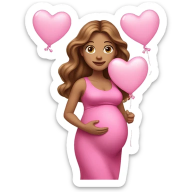 Brown pregnant lady, with Long Light Brown hair and blue eyes. She is wearing a tight pink dress and a bow,  standing and holding two pink heart balloons. sticker