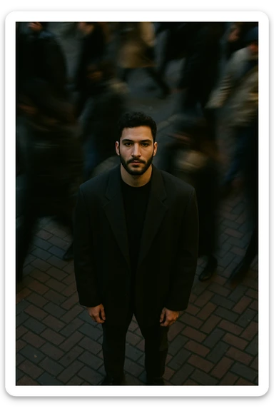 overhead shot of me standing still on a brick city sidewalk, wearing a dark oversized blazer,
motion-blurred crowd rushes past around me. Moody lighting, 35mm film look, shallow depth of field, sharp focus on me. sticker