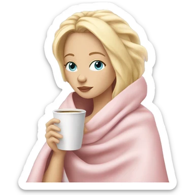 Blonde girl inside a light pink blancket sipping coffee eyes closed white skin blue eyes  sticker