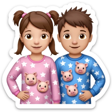 A toddler girl with brown hair with two pig tails, wearing pink pajamas with white stars on them. With a 4 year old boy with spikey brown hair, wearing blue pajamas with white stars on them. Both light skin and smiling. Both with a mix of big and small white stars on the pajamas  sticker